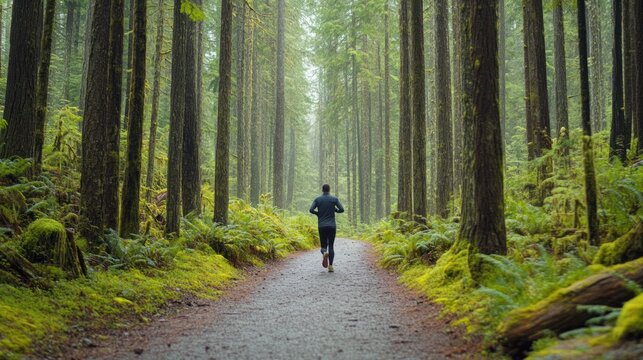 Runner in misty forest path