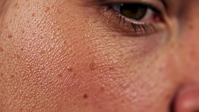 A detailed close-up of a human eye and cheek, with skin covered in tiny droplets of perspiration.