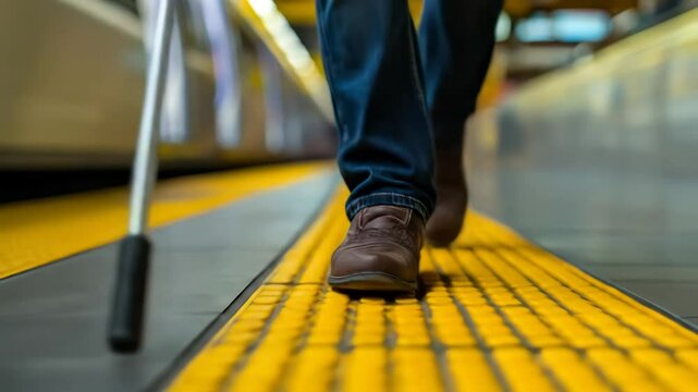 Man walking on a tactile paving strip at a train station platform. Public transport commute concept motion footage.