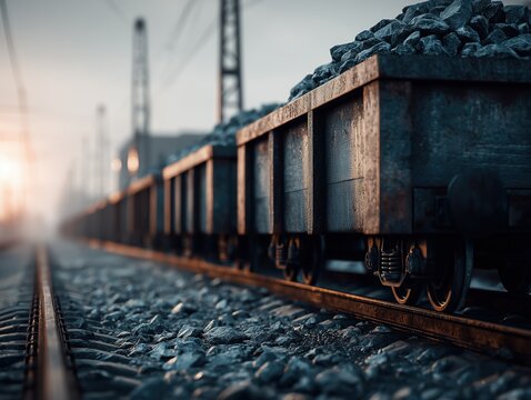Industrial freight train with loaded wagons on gravel railway under dramatic sunset lighting

