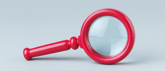 Red magnifying glass with wooden handle lies on light gray background