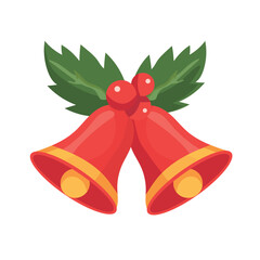 Christmas jingle bells with Ilex branches. Flat vector clipart, illustration with isolated background.