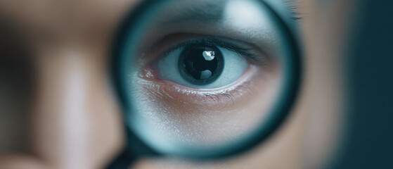 Close up of human eye magnified by lens, showing detailed features and texture