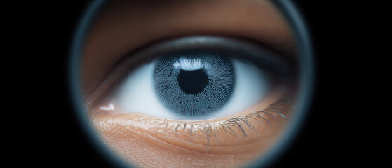 Close up of blue eye looking through circular frame, creating focused and intense gaze