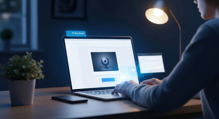 A student takes an online exam on a laptop with live webcam monitoring in a dimly lit room, virtual proctoring software, live chat activity, identity verification, and exam interface.