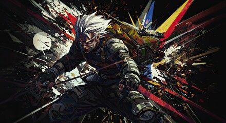 Dynamic digital illustration of an anime-style character in a striking action pose