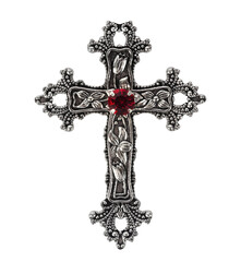 Isolated photo of silver engraved decorative cross pendant on white background.