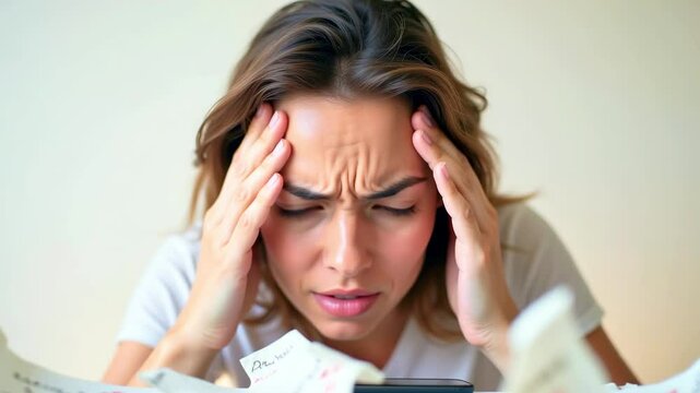 Young woman experiencing stress while working on a project surrounded by scattered papers