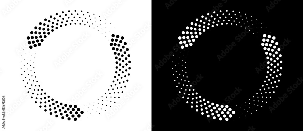 Poster Circle abstract background with dynamic halftone dots like arrows. Black shape on a white background and the same white shape on the black side.