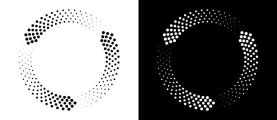 Circle abstract background with dynamic halftone dots like arrows. Black shape on a white background and the same white shape on the black side.