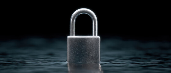 Shiny padlock stands on reflective surface, symbolizing security and protection
