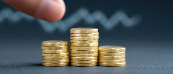 Three stacks of gold coins with finger pointing, symbolizing financial growth