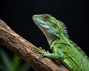 Fototapeta premium Green iguana on branch with black background