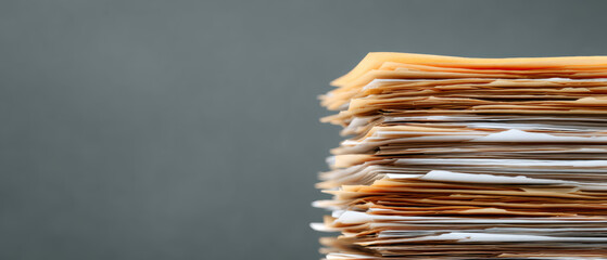 Stack of documents and papers is neatly arranged against plain background