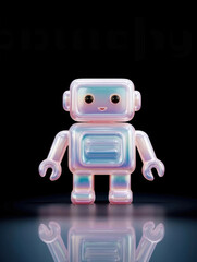 Cute, iridescent toy robot stands on reflective surface, glowing softly against dark background
