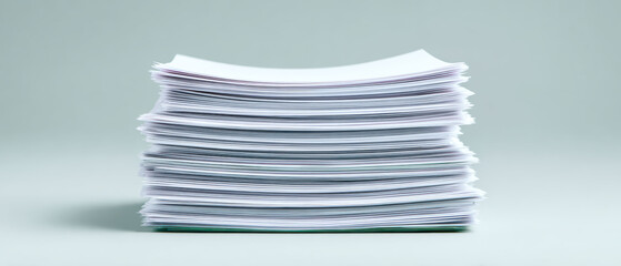 Large stack of white paper sheets is neatly arranged against plain background