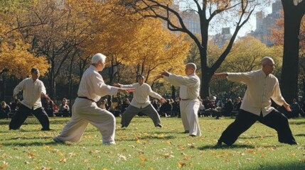Seniors practicing Tai Chi in autumn park