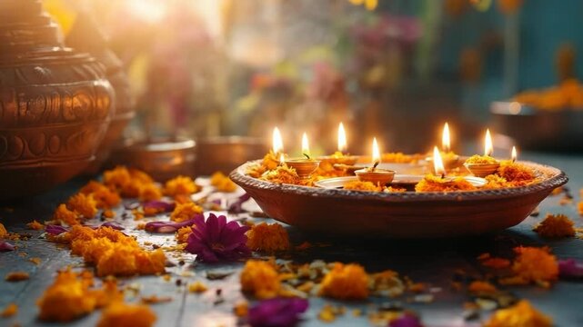 Traditional golden diya oil lamp burning brightly, surrounded by colorful flowers and leaves for the festival of navaratri