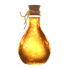 Glowing Golden Magic Potion in a Glass Bottle with Cork Stopper and Twine, Symbolizing Enchantment, Healing, Elixir, and Mysterious Fantasy Concepts.