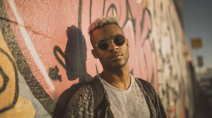 Candid portrait of a model in monochrome streetwear leaning against a colorful mural, with soft shadows from afternoon light