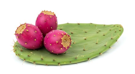 An exquisite composition of three ripe, magenta prickly pear fruits arranged on a fresh green cactus pad, isolated on a clean white background. 