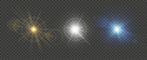 Realistic starburst. Yellow, blue and white star flash. Glowing lens flares in with transparent radiating light beams. Bright burst and sparkle. Lighting explosion effect overlay. Vector isolated set