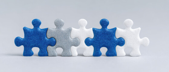 Five interlocking puzzle pieces in blue, gray, and white symbolize teamwork and unity