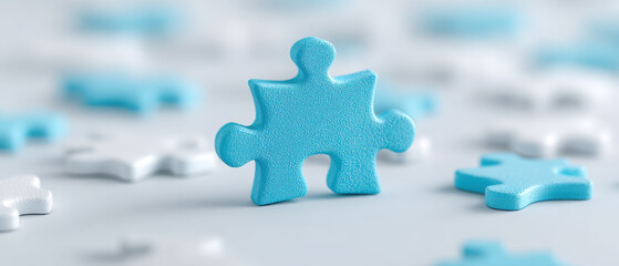 Blue puzzle piece stands out among scattered white pieces, symbolizing uniqueness and individuality