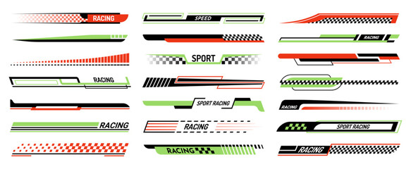 Race car lines. Racing stripe decals, green and red speed line stripes, checkered patterns, typography for sport vehicle and boat tuning, borders for motorsport bike. Isolated vector stickers set