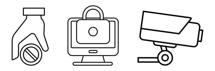 Security privacy surveillance protection icon set with lock camera restriction hand access control vector line symbol design collection.
