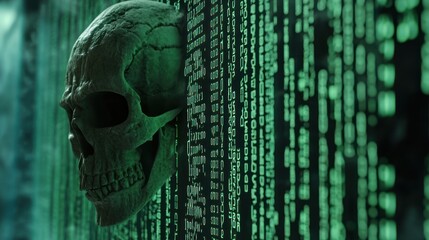 Skull against a digital code backdrop