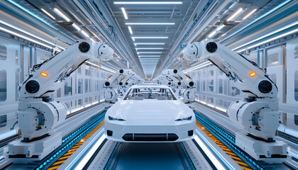 Obraz premium Automated car production line. Futuristic electric vehicles assembly, robotics tech. Factory automation, industrial process, engineering innovation