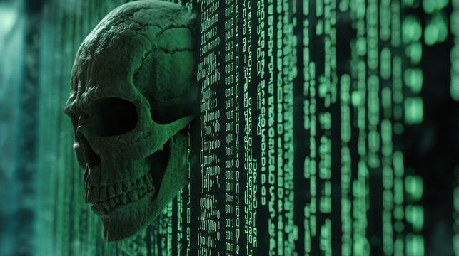 Skull against a digital code backdrop - Powered by Adobe