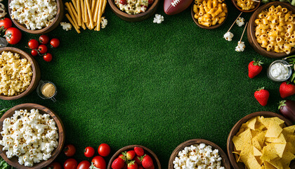 Super Bowl Sunday feast, game day spread delicious snacks. Table of various appetizers like cheese, fries, chips, vegetable, dip, wings