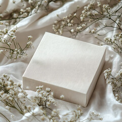 Elegant White Box on Fabric with Gypsophila Flowers Around It