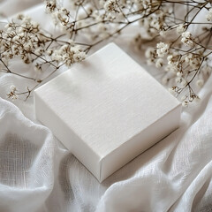 Delicate White Box Displayed on Soft Fabric with Baby's Breath Flowers