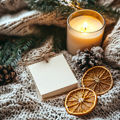 Blank Card Mockup on a Cozy Blanket with Candle and Decorations