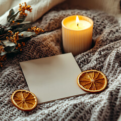 Minimal Cozy Scene with Blank Card and Lit Candle on Knit Blanket