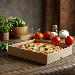 Freshly Baked Pizza in Cardboard Box on Rustic Wooden Table