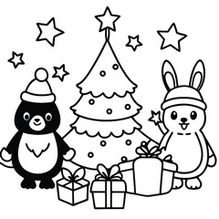 Naklejka premium A cute cartoon vector set of Christmas and New Year holiday icons, including Santa, snowman, tree, gifts, and snowflake decorations for December celebration design