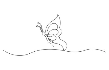 Continuous line butterfly art. Outline single art butterfly hand drawn sketch element on white background. Concept spring nature, fly.