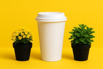 Minimalist Coffee Cup Still Life with Green and Yellow Plants on Vibrant Yellow Background