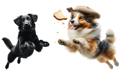 two dogs playing and jumping 