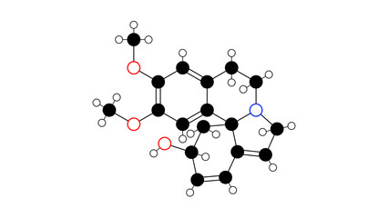 erythravine molecule, structural chemical formula, ball-and-stick model, isolated image tetrahydroisoquinoline alkaloid