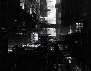 Fototapeta premium 都市の建築が動的な幾何学グリッドで構成されており、人間の脳波や感情ネットワークと同期して変形する。バグが発生すると感情ノイズが視覚化され、都市構造がグリッチして崩れる都市景観