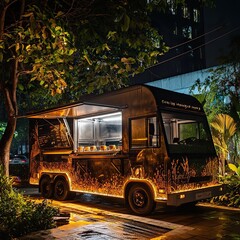 A Michelin-starred chef-owned food truck, serving high-end delicacies under warm ambient lighting.