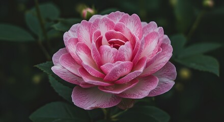 Close-up of beautiful vibrant pink garden rose flower against a dark moody green background