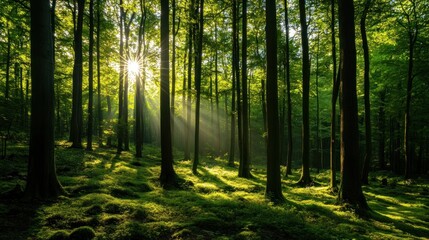 Fototapeta premium Sunlight streams through a dense forest