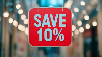A red sign hanging with white text offering a 10% discount, set against a blurred background with bokeh lights.
