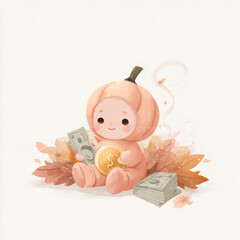Cute pumpkin character sitting among autumn leaves with money in hand during fall season